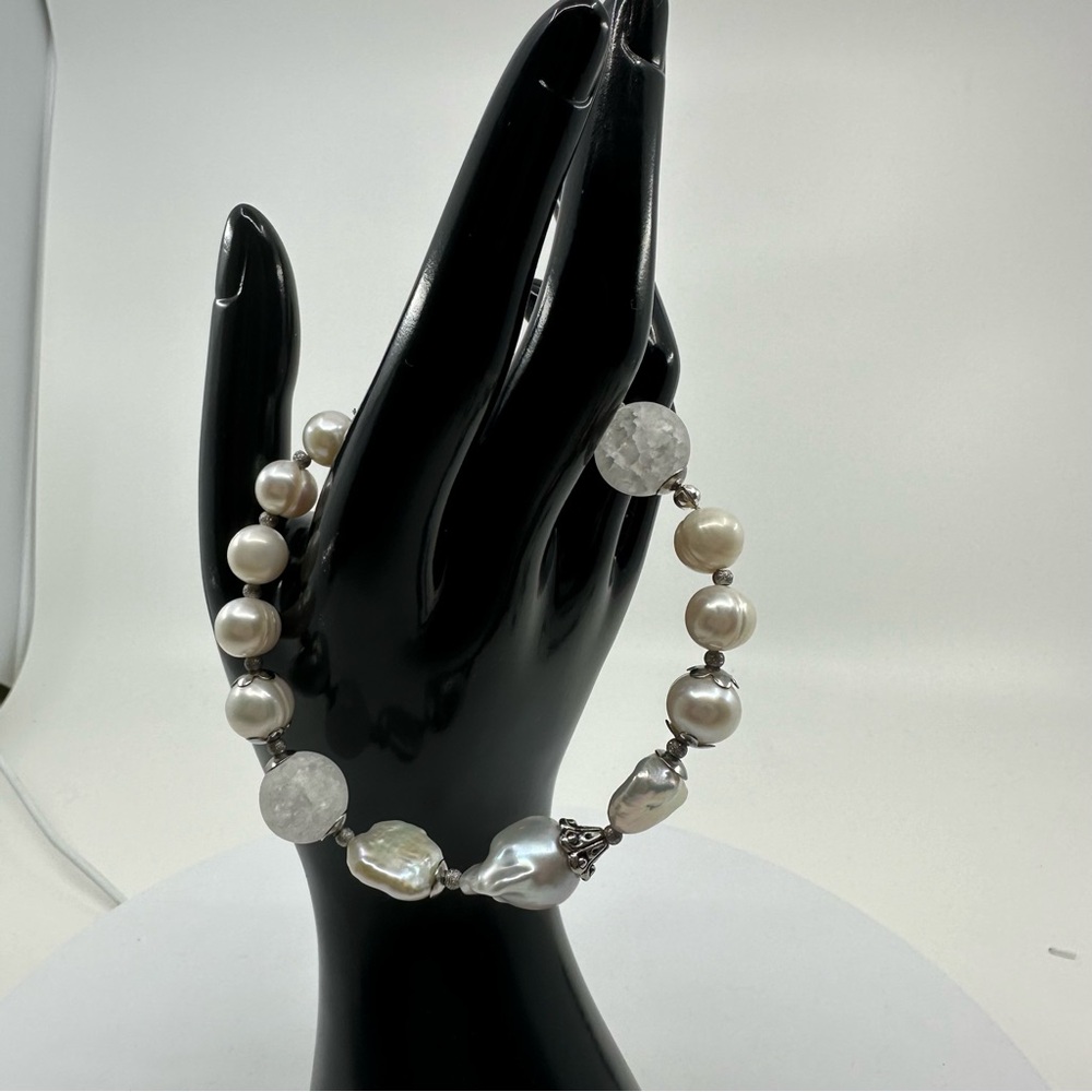 #305 New Handmade Pearl and Frosted Quartz Bracelet with Crystal-Encrusted Clasp